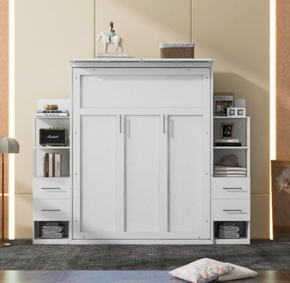 Queen Size Murphy Wall Bed With Shelves, Drawers And LED Lights - White
