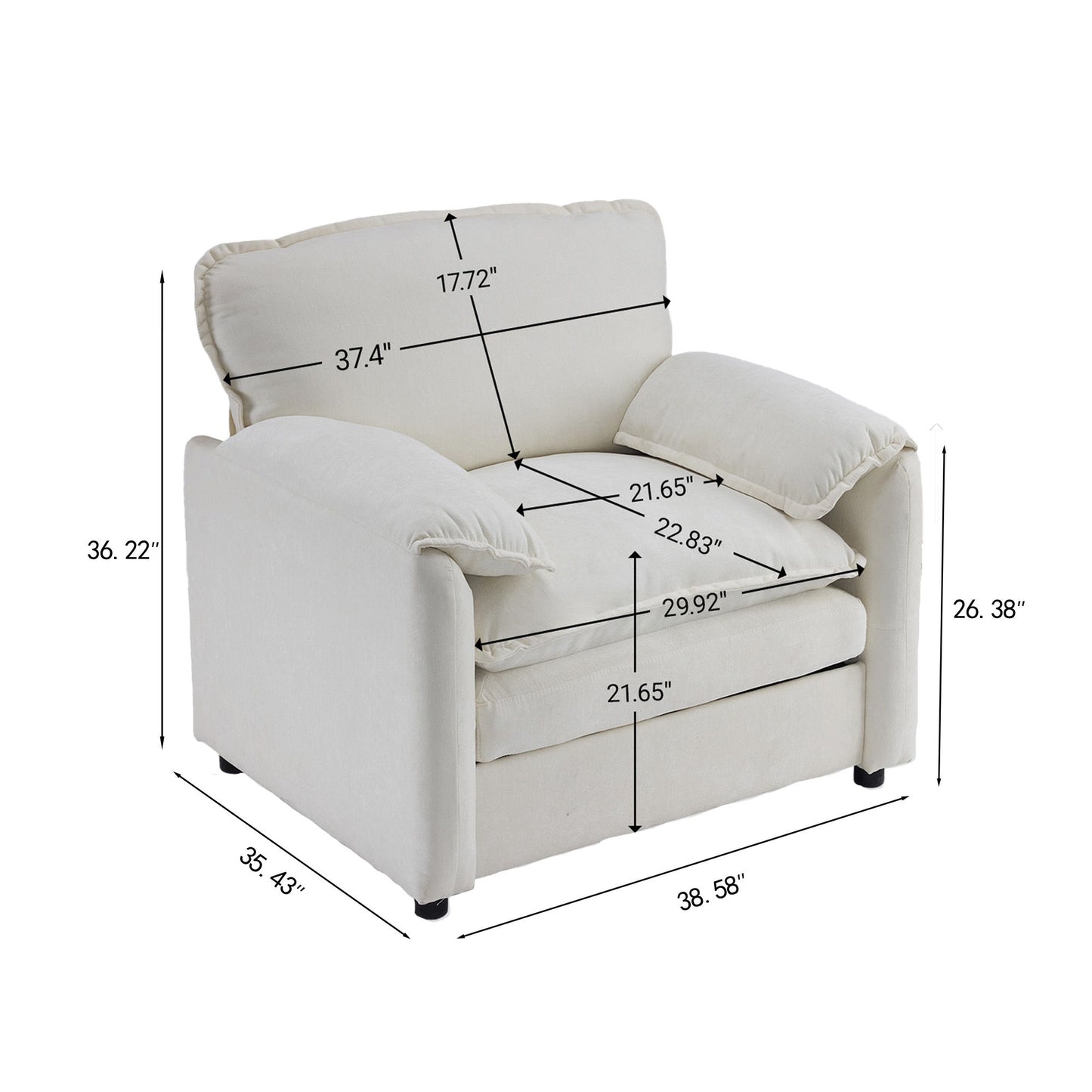 Oversized Reading Armchair With Thick Cushions, High Back Support - White