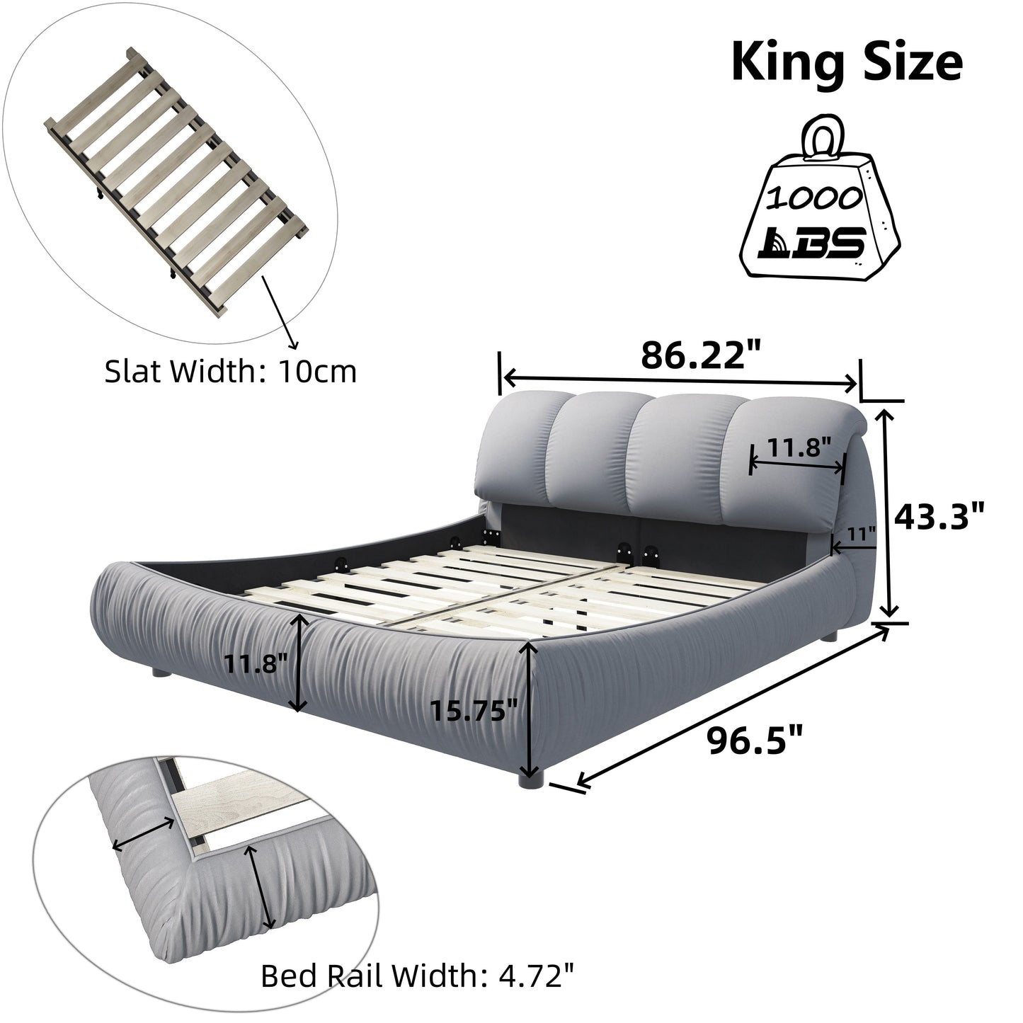 King Size Luxury Upholstered Platform Bed With Oversized Padded Backrest And Solid Wood Frame, Suitable For Multiple Heights Of Mattresses - Gray