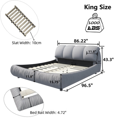 King Size Luxury Upholstered Platform Bed With Oversized Padded Backrest And Solid Wood Frame, Suitable For Multiple Heights Of Mattresses - Gray