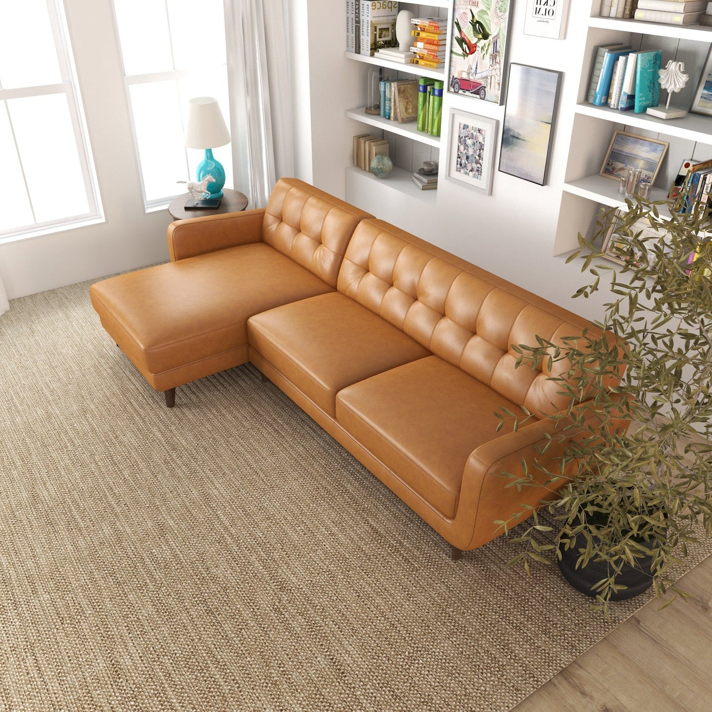 Allison - Left Facing Leather Sectional Sofa - Tan