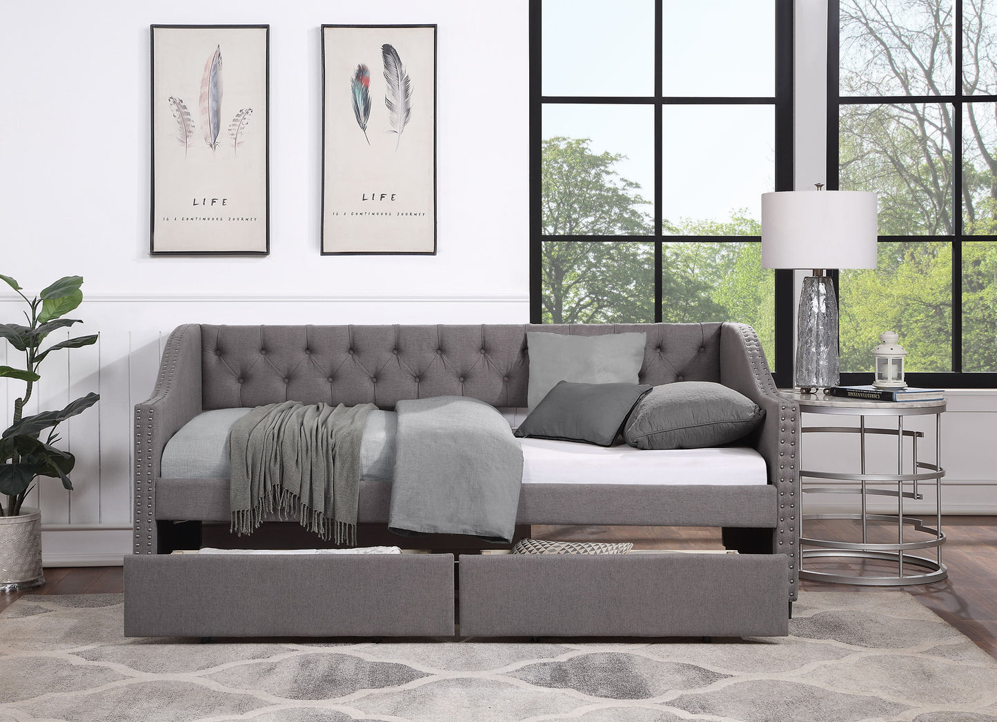 Twin Size Upholstered Daybed With Two Drawers, Slat Support - Gray