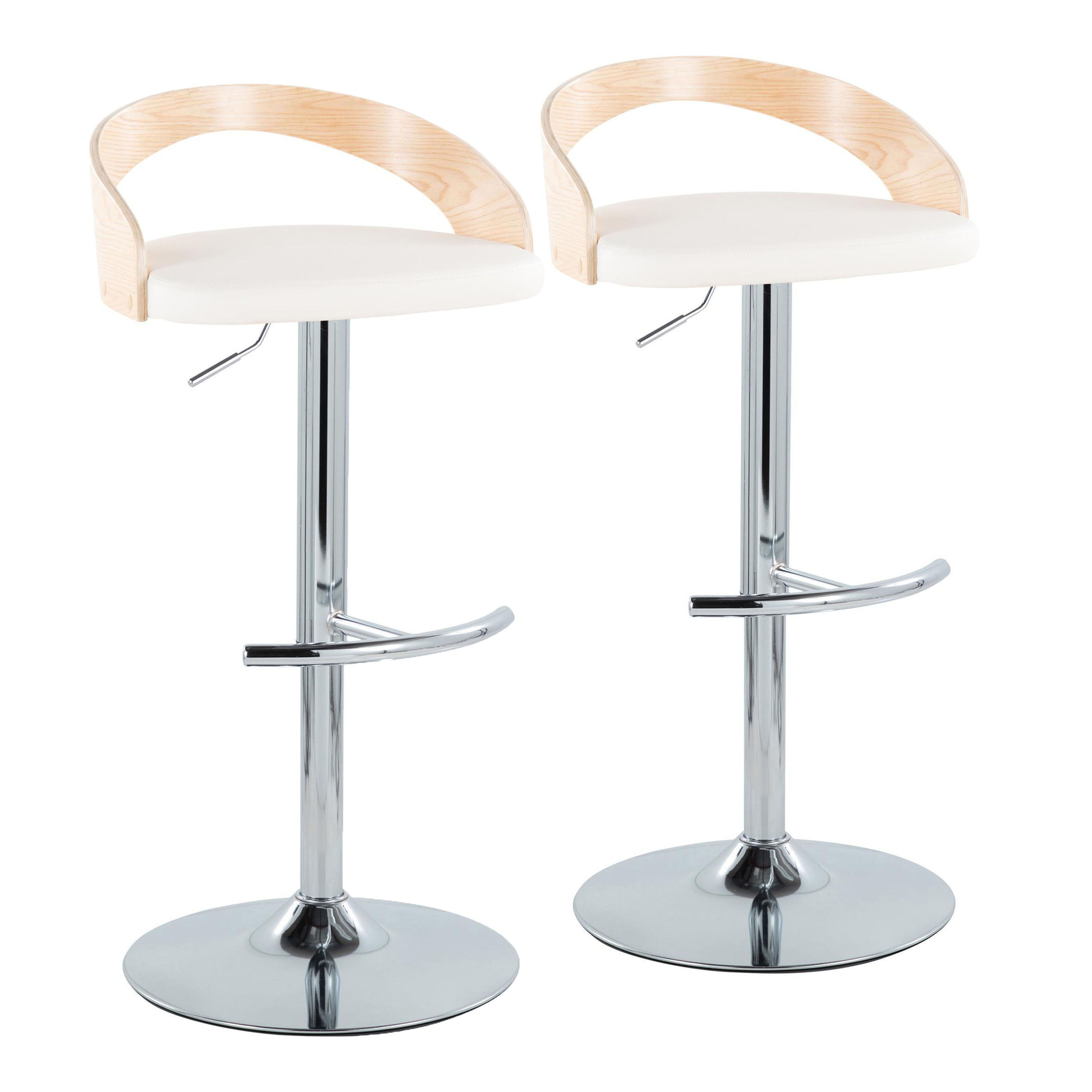 Grotto - Contemporary Adjustable Barstool With Swivel With Rounded T Footrest (Set of 2) - Chrome / Natural / White