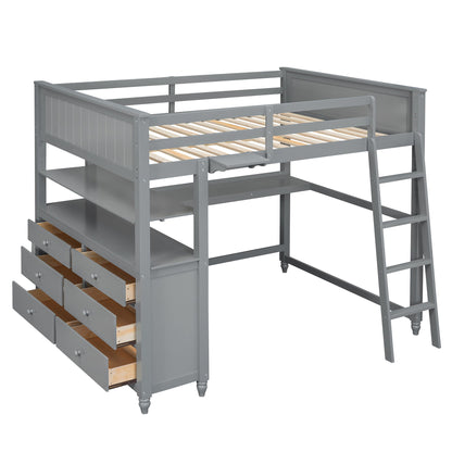 Full Size Loft Bed With Drawers And Desk With Shelves - Gray