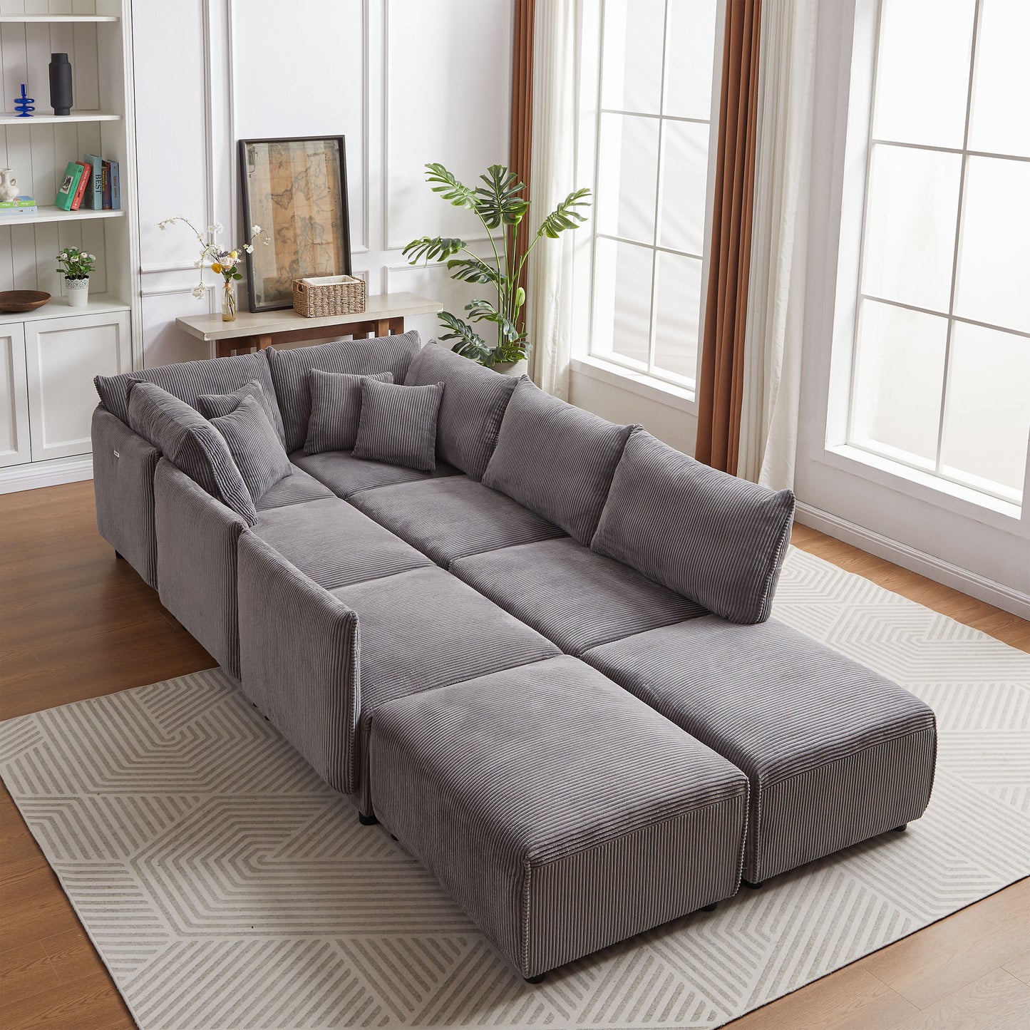 Multi Module Combination Style Sofa For Living Room And Other Lounge Spaces, Modern Minimalist Corduroy Combination Sofa With 2 Comfort Cushions With USB & C Charging Ports, 2 Sets - Gray