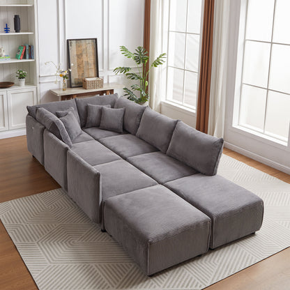 Multi Module Combination Style Sofa For Living Room And Other Lounge Spaces, Modern Minimalist Corduroy Combination Sofa With 2 Comfort Cushions With USB & C Charging Ports, 2 Sets - Gray