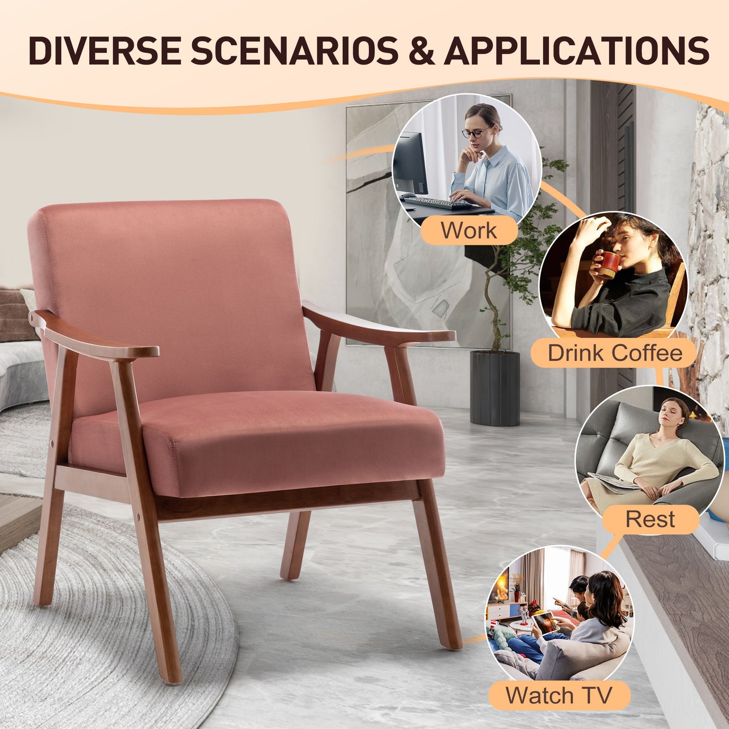 Mid Century Modern Wingback Accent Chair With Solid Wood Frame And Extra Thick Backrest - Lounge Chair For Living Room, Bedroom, Or Reading Room - Pink