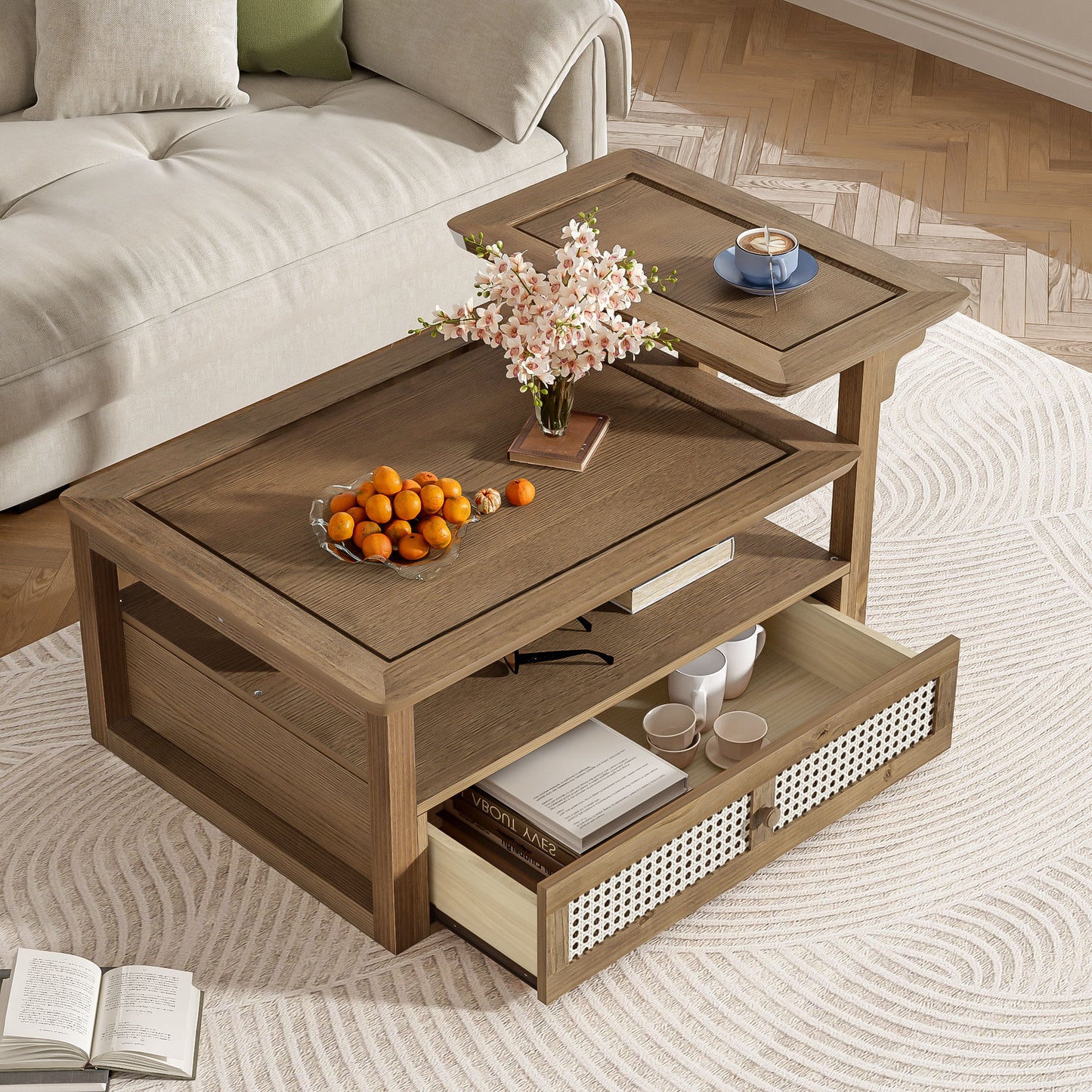 Modern Coffee Table, Coffee Table With 1 Storage Shelf, 2 Tabletops And 1 Rattan Drawer For Living Room - Dark Brown