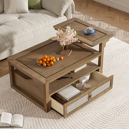 Modern Coffee Table, Coffee Table With 1 Storage Shelf, 2 Tabletops And 1 Rattan Drawer For Living Room - Dark Brown