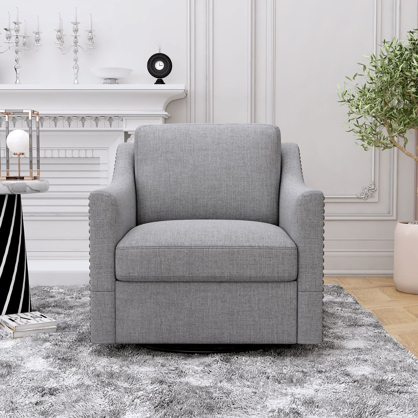 360 Degree Swivel Armchair Cotton Linen Skin - Friendly Fabric Ergonomic Design Brass Nail Decorative Armchair Living Room Chairs Bedroom Chairs Living Room Chairs Black Legs Suitable For Indoor Homes - Gray