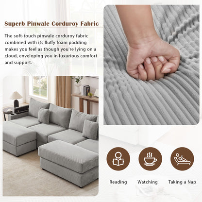 Modern Style 4 - Seater Sofa Sectional Sofa Couch With Storage Space, Two Movable Ottomans, Two USB Ports, Two Cup Holders, A Phone Holder For Living Room - Gray