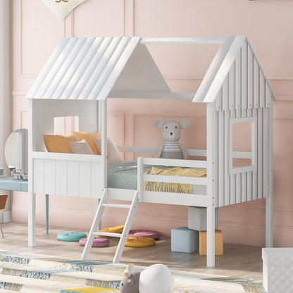 Twin Size Low Loft House Bed With Two Side Windows - White