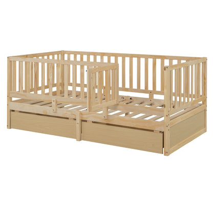 Twin Size Daybed With Fence Guardrails And 2 Drawers, Versatile Split Floor Bed & Daybed - Natural