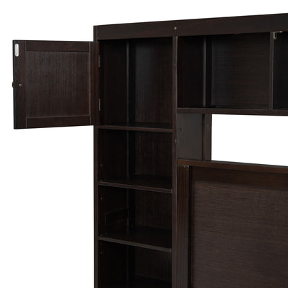 Full Size Bed With All In One Cabinet, Shelf And Sockets, Twin Size Trundle - Espresso