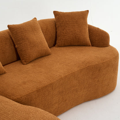 Compression Sofa: Combining Chaise Longue With 3 Seater, Wood Grain Chenille Fabric, Full Sponge Compression Sofa, Combined Sofa With 4 Pillows For Living / Home Furniture / Apartment - Orange