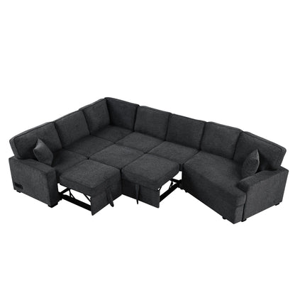 L-Shaped Sofa Sectional Sofa Couch Pull-Out Sofa Bed With Charging Devices And Cup Holders For Living Room - Blue Black