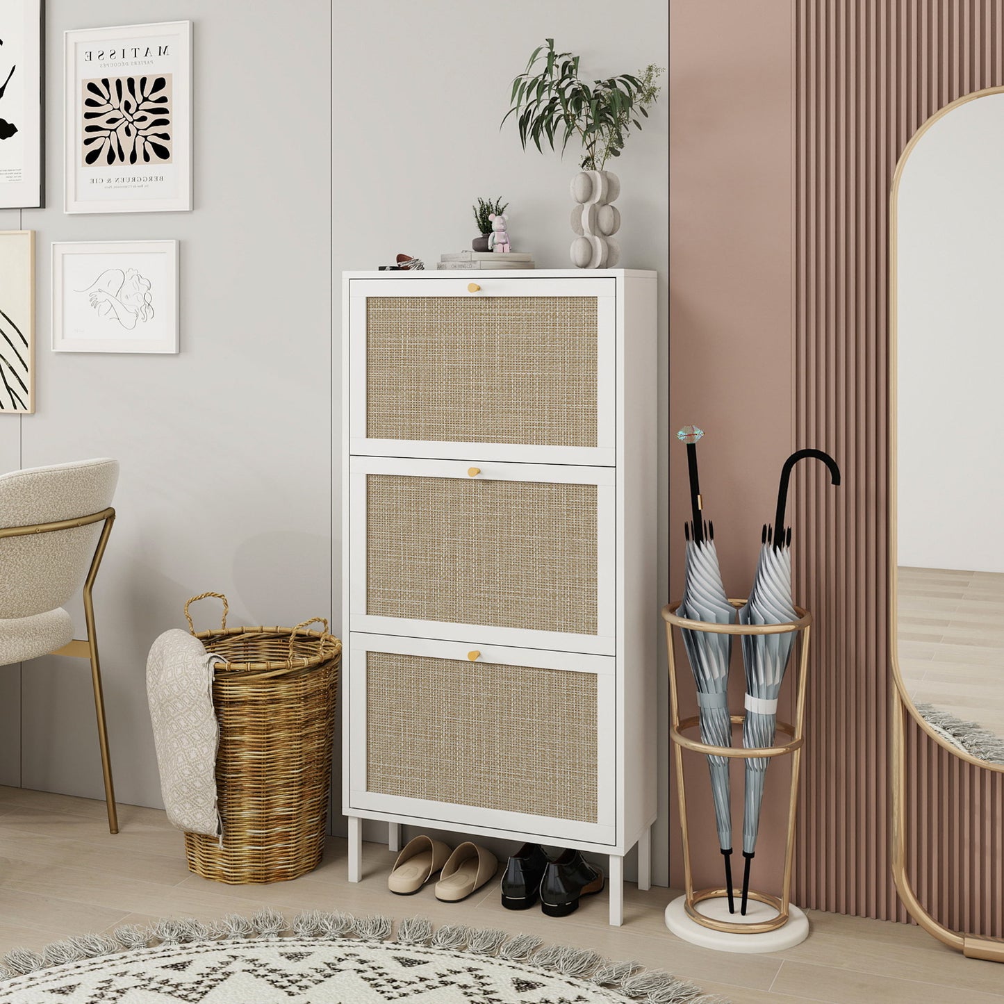 Modern Rattan 3 Door Shoe Rack Cabinet For Entryway Freestanding White Storage Unit In Particle Board - White
