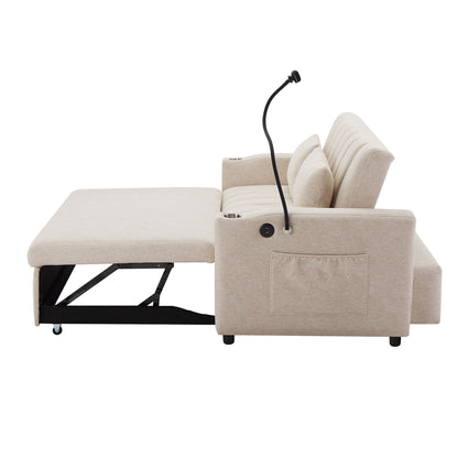 Convertible Sofa Bed Loveseat Sofa With Three USB Ports, Two Side Pockets, Two Cup Holders And 360ÔøΩÔøΩÔøΩÔøΩÔøΩÔøΩÔøΩÔøΩÔøΩÔøΩÔøΩÔøΩÔøΩÔøΩÔøΩÔøΩÔøΩÔøΩÔøΩÔøΩÔøΩÔøΩÔøΩÔøΩÔøΩÔøΩÔøΩÔøΩÔøΩÔøΩÔøΩÔøΩÔøΩ swivel Phone Holder For Living Room - Beige