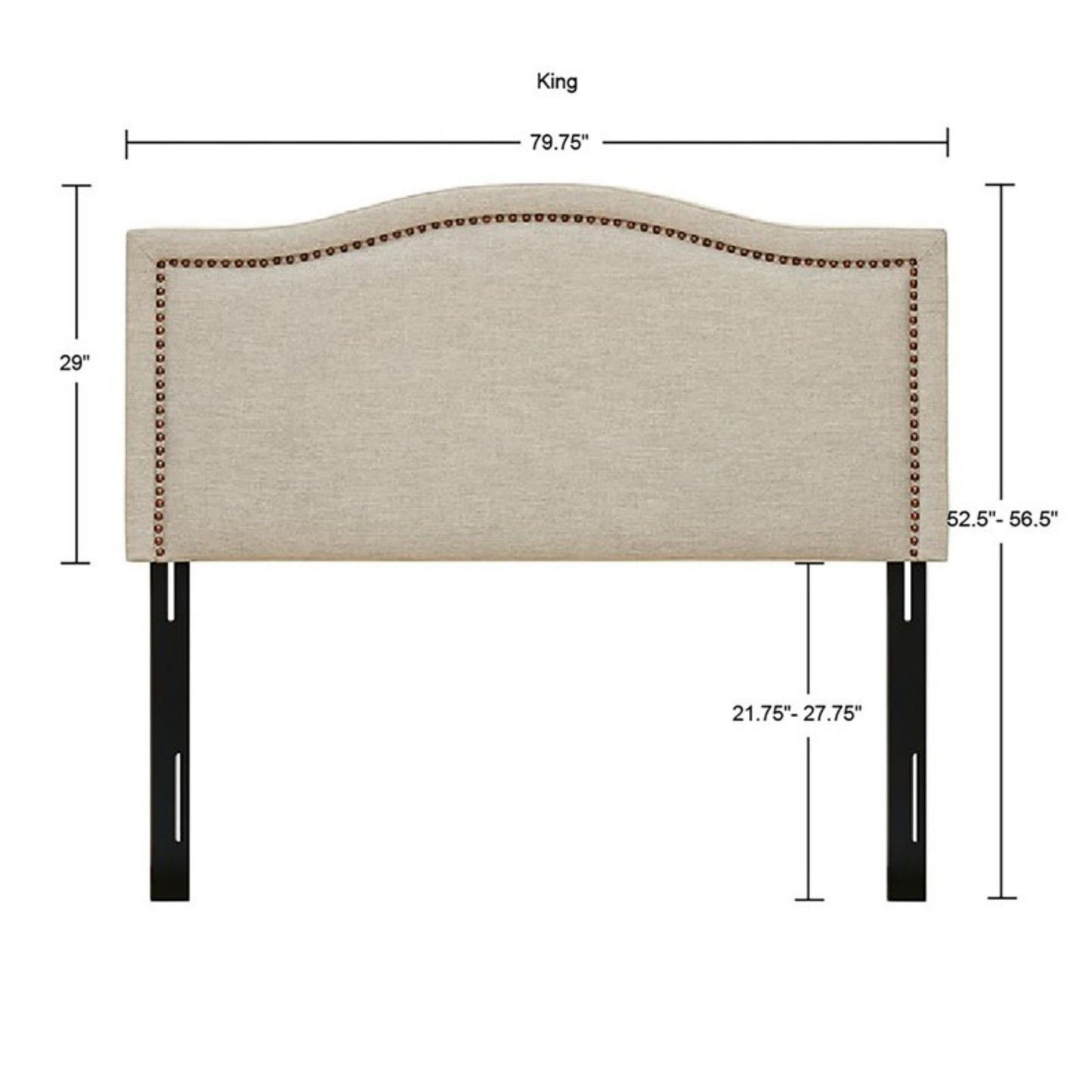 King Size Upholstered Panel Headboard With Copper Nailheads And Adjustable Metal Legs - Natural