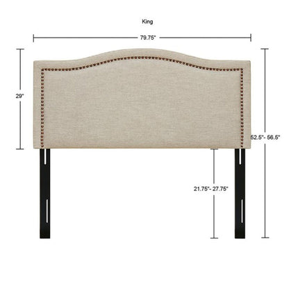 King Size Upholstered Panel Headboard With Copper Nailheads And Adjustable Metal Legs - Natural