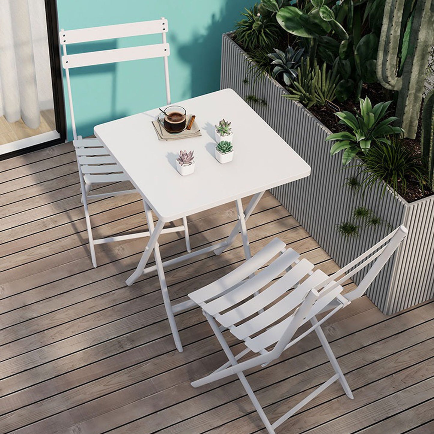 3 Piece Patio Bistro Set Of Foldable Square Table And Chairs - White