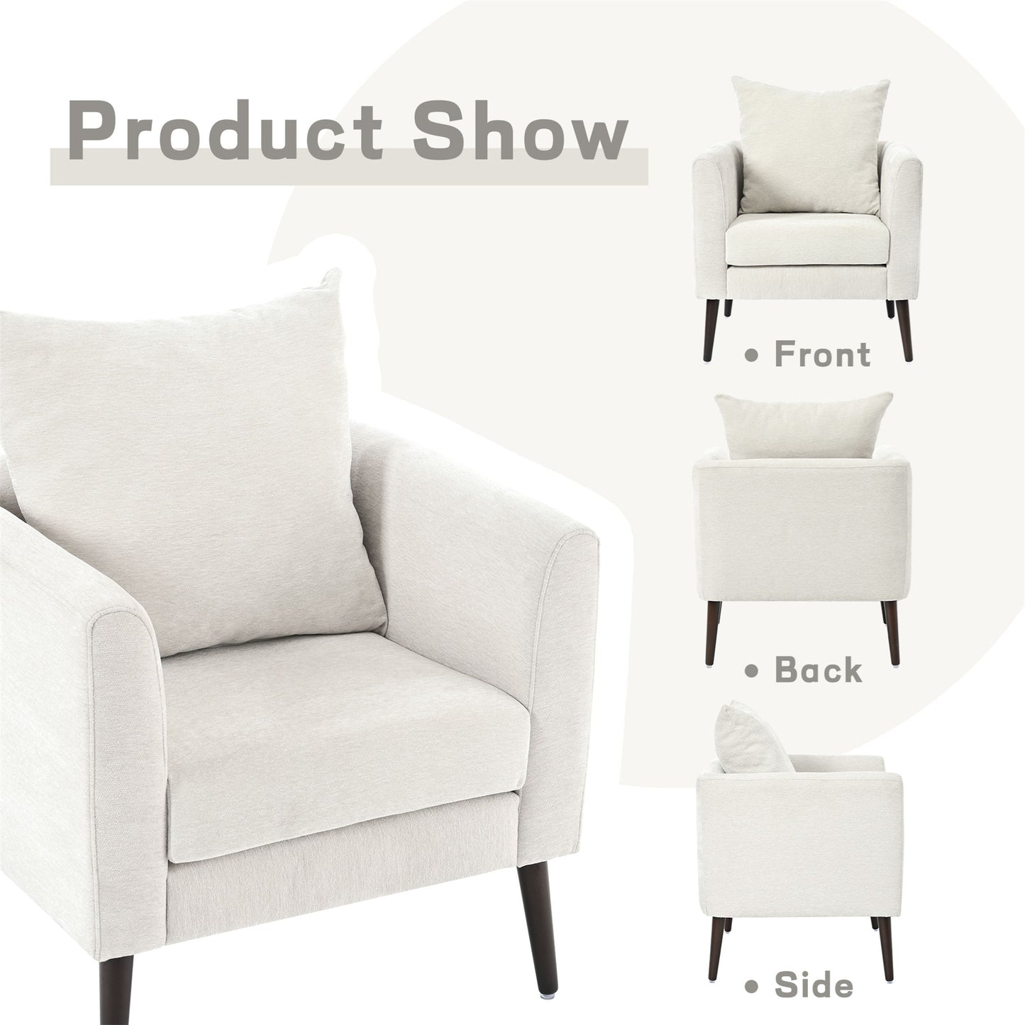Modern Chenille Accent Chair, Upholstered Armchair For Living Room, Mid Century Fabric Lounge Chair With Pillow, Comfortable Reading Chair With Wood Legs For Living Room, Reception Room - Beige