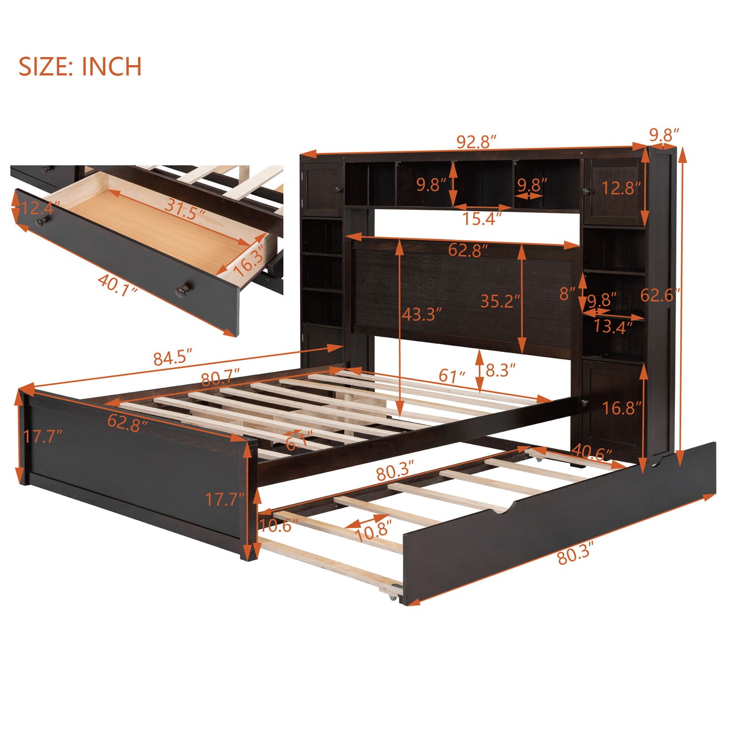Queen Size Bed With All In One Cabinet, Shelf And Sockets, Twin Long Trundle - Espresso
