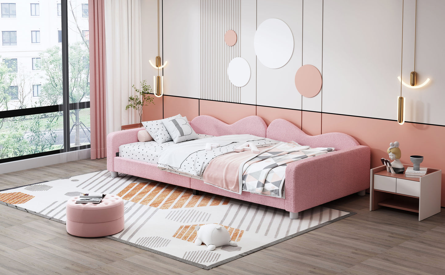 Twin Size Upholstered Daybed, Sherpa Fabric Sofabed With Cloud-Shaped Backrest, No Box - Spring Needed - Pink