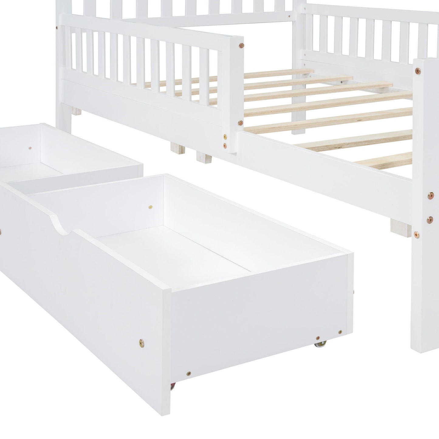 Twin Size Platform Bed With Guardrails On Both Sides And 2 Storage Drawers - White