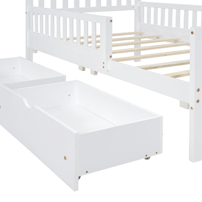 Twin Size Platform Bed With Guardrails On Both Sides And 2 Storage Drawers - White