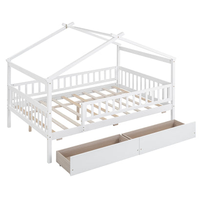 Full Size House Bed With 2 Drawers - White