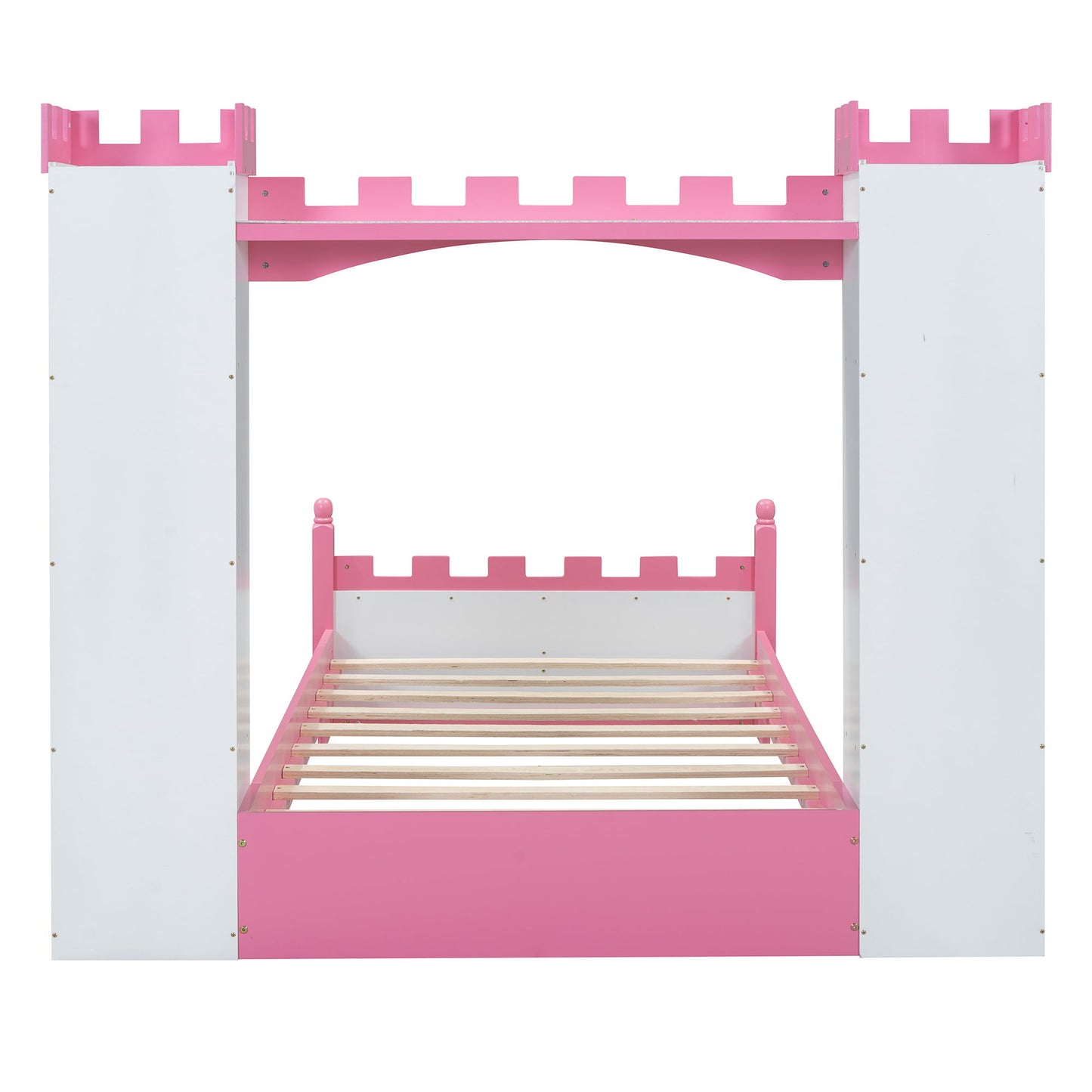 Castle Shaped Bed With Storage Shelf, Dreamy Twin Size Platform Bed For Kids Bedroom - White / Pink