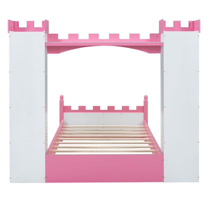 Castle Shaped Bed With Storage Shelf, Dreamy Twin Size Platform Bed For Kids Bedroom - White / Pink