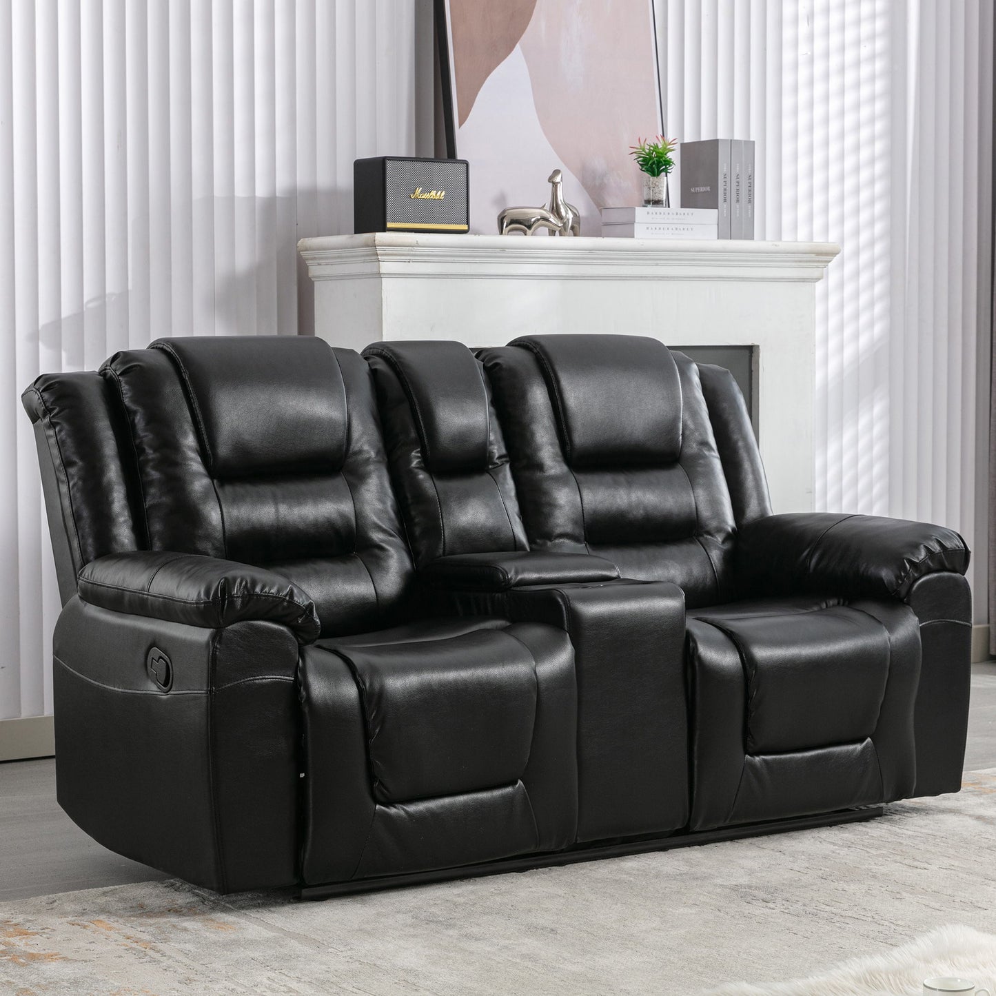 2 Seater Home Theater Recliner Manual Recliner Chair With A Storage Box And Two Cup Holders For Living Room - Black