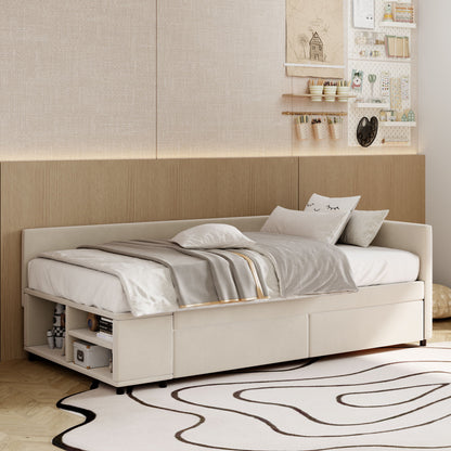 Twin L Shaped Upholstered Platform Bed With Storage And Drawers - Beige