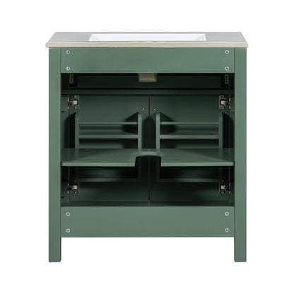 Bathroom Vanity With Ceramic Sink, Modern Single Bathroom Cabinet With 2 Doors And A Shelf, Soft Close Doors - Green