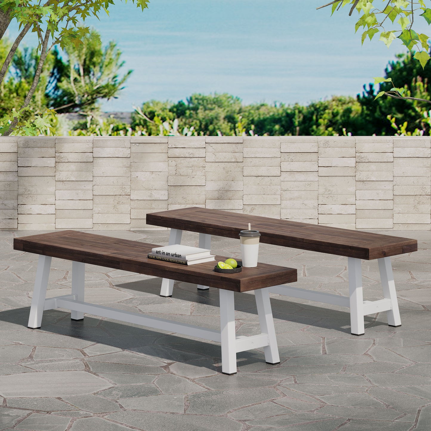 Tranquilizer - Outdoor Bench With Slat Panel Design (Set of 2) - Dark Brown / White