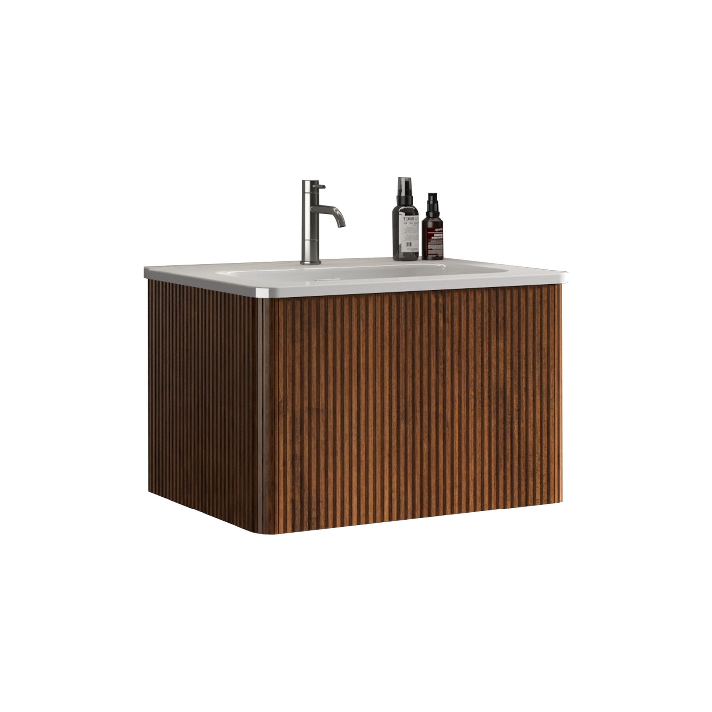 Etna - Striped Bathroom Vanity With Ceramic Sink, Wall Mounted Floating Bathroom Vanity For Modern Bathroom - White / Walnut