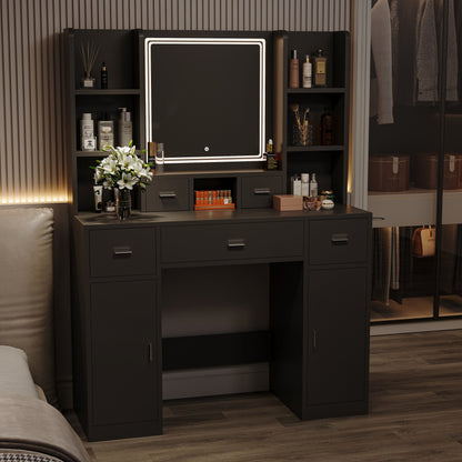 43.31" Newly Designed Smart Mirror Dressing Table With Drawers And Storage Cabinet, Dressing Table With Dressing Pad For Bedroom, Dressing Room - Black