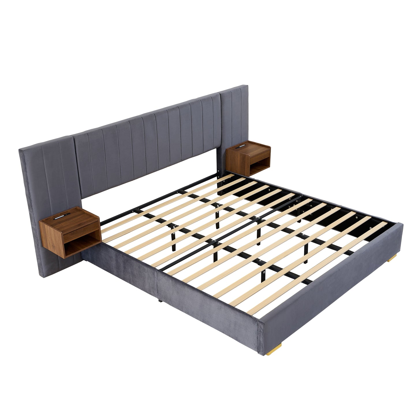 Upholstered King Size Bed Frame Of Velvet Tufted Headboard With Floating Nightstand LED / USB Built - Gray