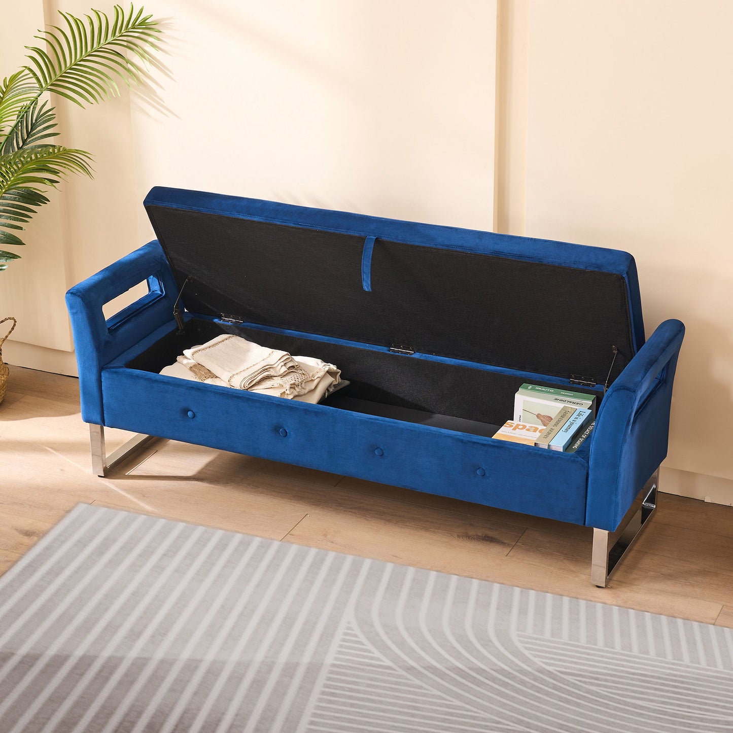 Wide Storage Soft Ottoman Bench With Armrests, Footrest Bed End Stool For Living Room, Dorm, Entryway And Bedroom - Navy
