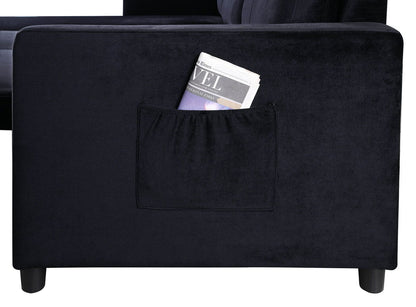 Ivy - Velvet Reversible Sleeper Sectional Sofa With Storage Chaise And Side Pocket - Black