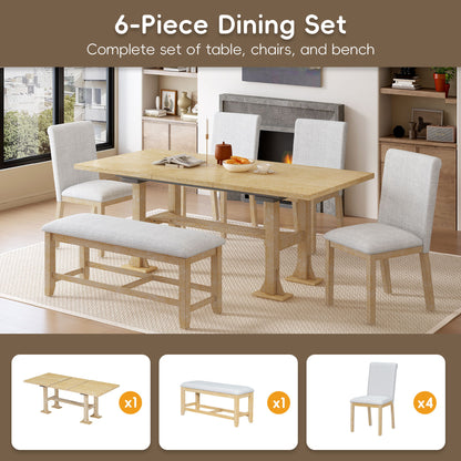 Topmax - 6 Piece Farmhouse Extendable Dining Table Set Trestle Kitchen Table Set With Removable Leaf And Upholstered Dining Chair And Bench For Dining Room - Natural