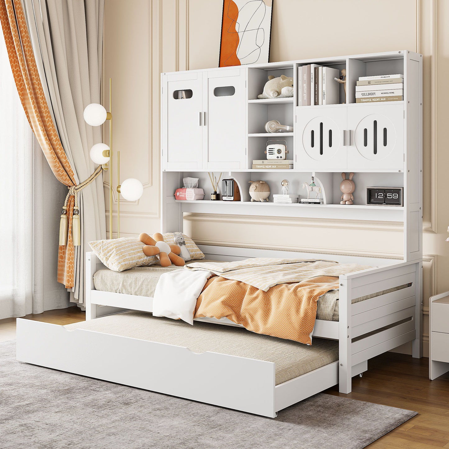 Twin Size Wooden Daybed With Twin Size Trundle, And All In One Cabinet And Shelf - White