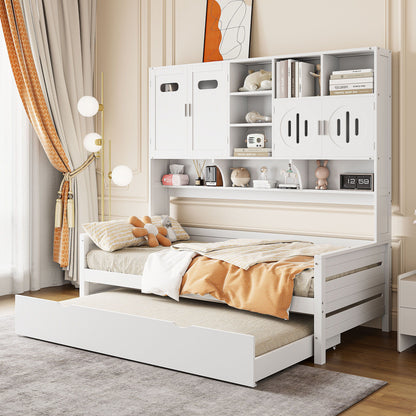 Twin Size Wooden Daybed With Twin Size Trundle, And All In One Cabinet And Shelf - White