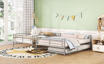 Full Long Over Queen Metal Bunk Bed With Trundle - Silver