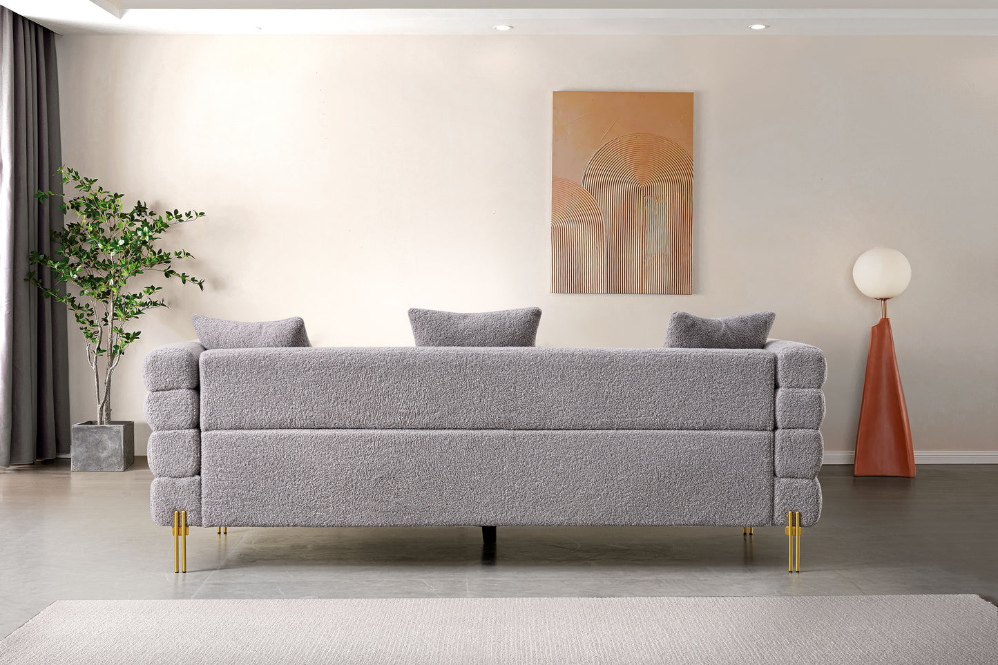Luxurious And Comfortable Upholstered Sofa With Golden Legs And Pillows For Living Room And Reception Area - Gray
