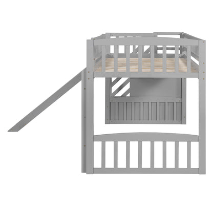 Twin Size Loft Stairway Bed With 2 Drawers And Slide - Gray