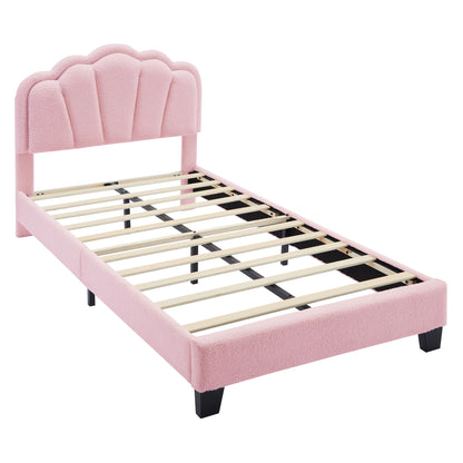 Twin Size Upholstered Flower-Shape Bed, Elegant Flowers Headboard With LED Light Strip, Sherpa Fabric Platform Bed With Slats Support - Pink