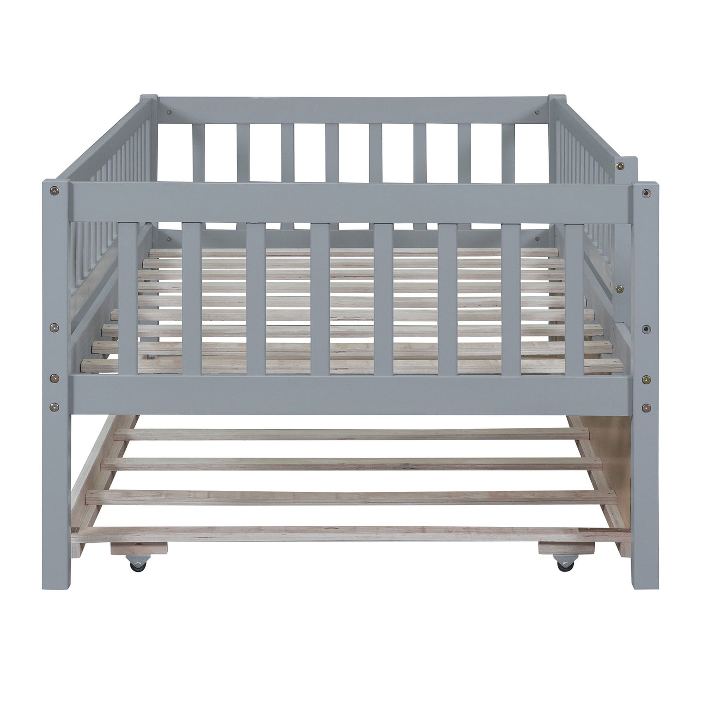 Twin Size Daybed With Trundle And Fence Guardrails - Gray